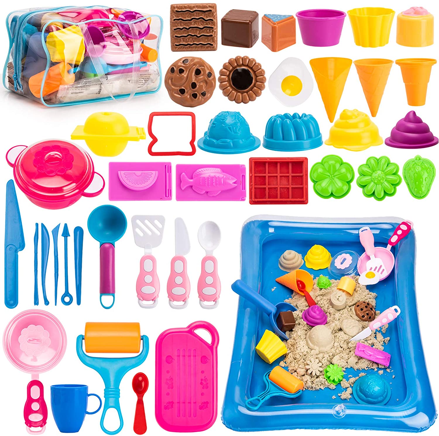 Kinetic Sand Molds Tools, Kitchen Toys, Sand Tray and Storage Bag, 44PCS Sandbox Toys Set for Toddlers and Kids 