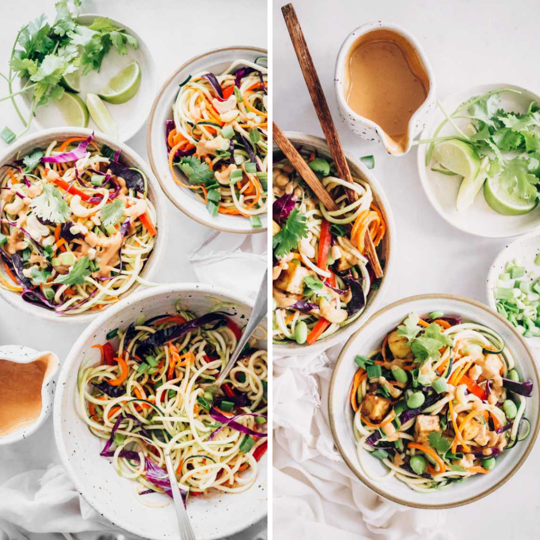 Raw Vegan Pad Thai Salad With Zucchini + Spicy Peanut Sauce for Incredible Summer Salad Recipes on white plates 