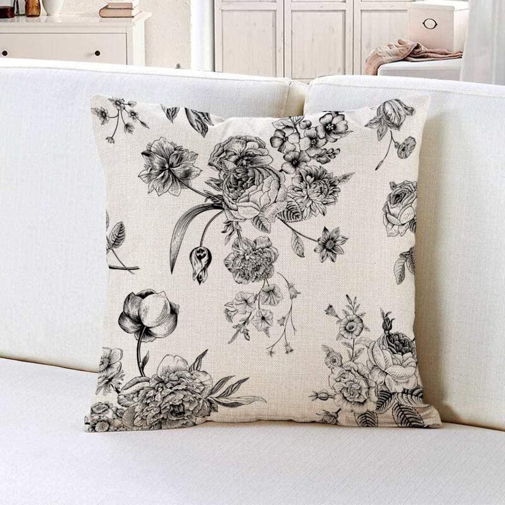 Throw Pillow Cover in Vintage Floral with Victorian Bouquet of Black Flowers 18x18 Inch Linen Pillowcase