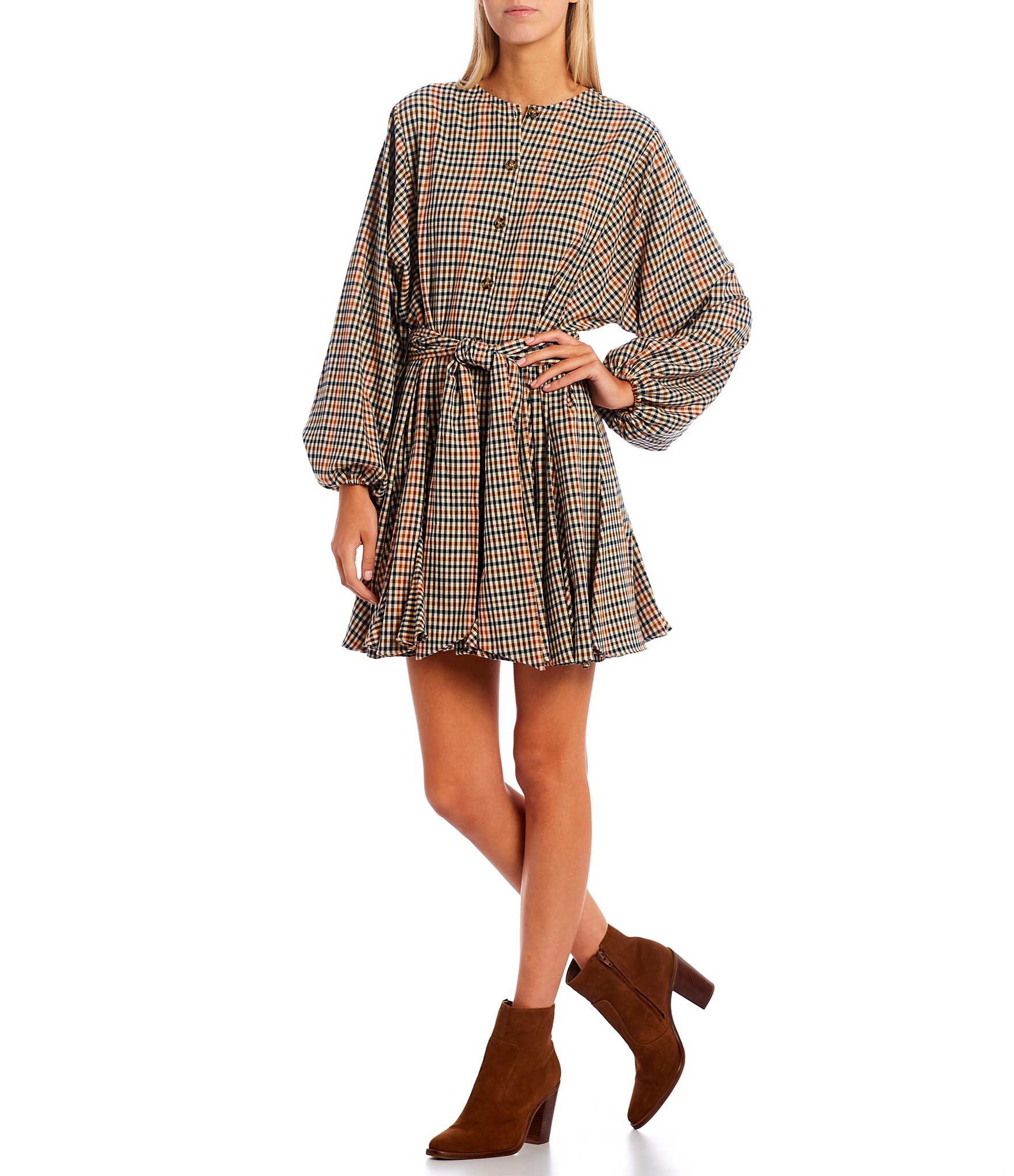 woman wearing Gianni Bini Charlie Plaid Button Down Crew Neck Long Sleeve Dress and fall boots