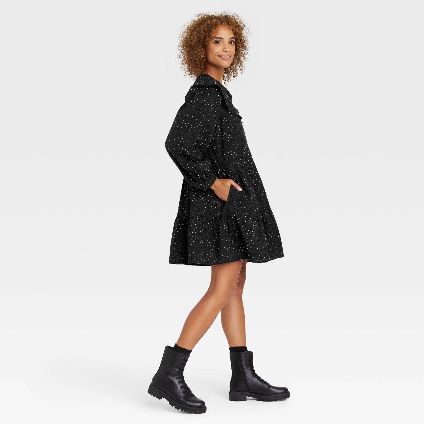 woman wearing A New Day Women's Long Sleeve Shirtdress and fall boots