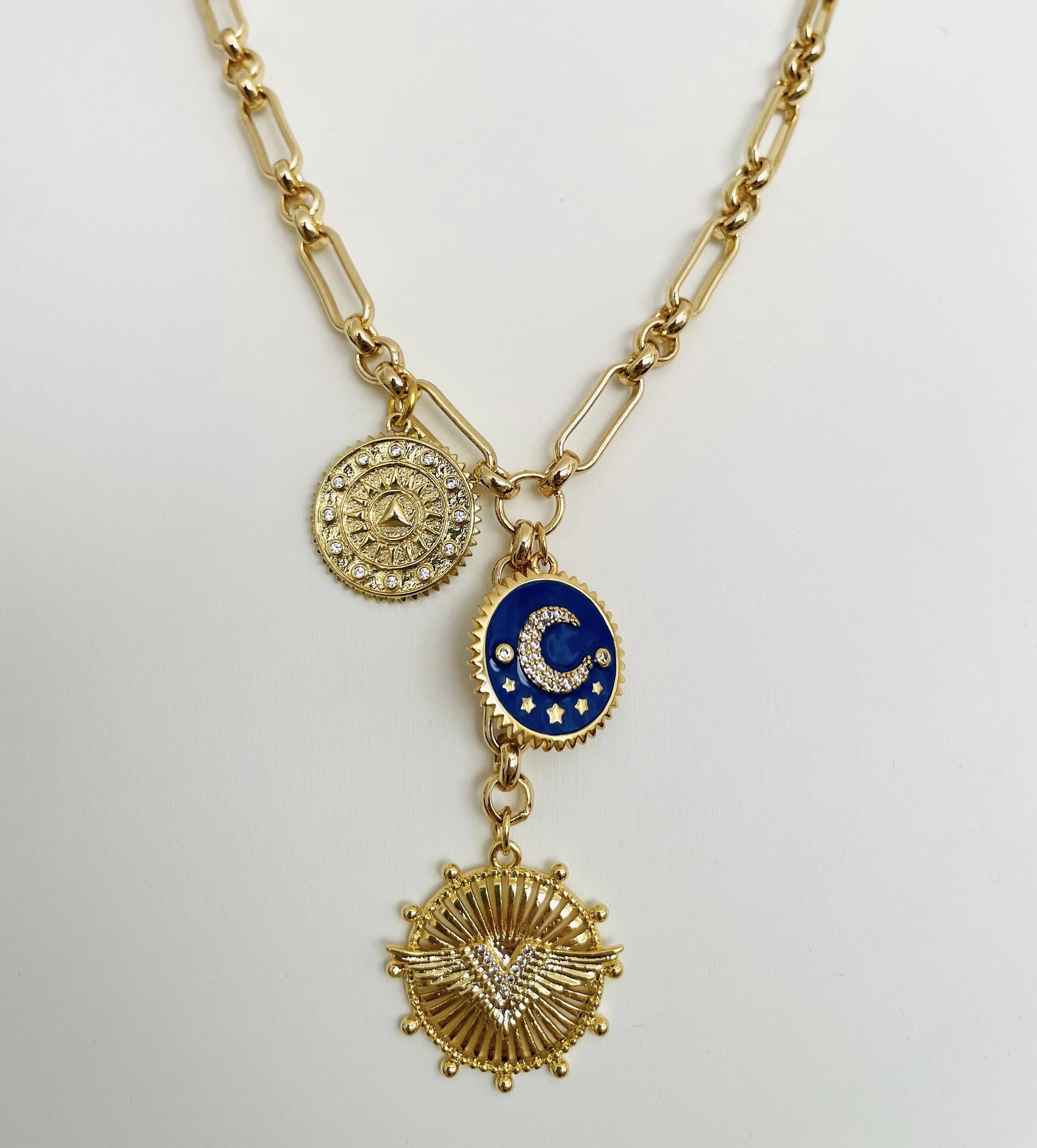 Priceless Bijoux Mixed Paperclip Chain Necklace with Compass Wing CZ Blue Enamel Moon Medallion Charm