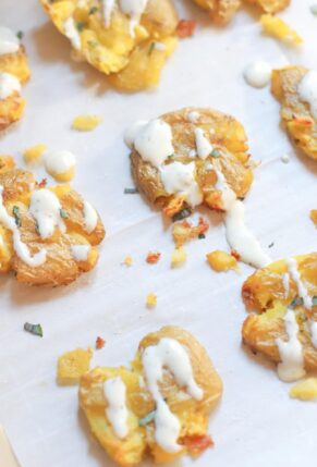 Crispy Smashed Potatoes Topped with Sour Cream, Aioli, or Ranch Dressing - Recipe - GLITTERINC.COM