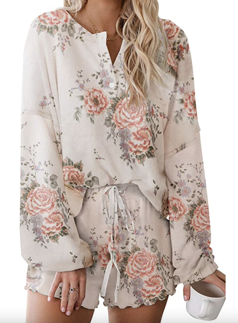 Women's Floral Long-Sleeve Top and Ruffle Short Pajama PJ Set