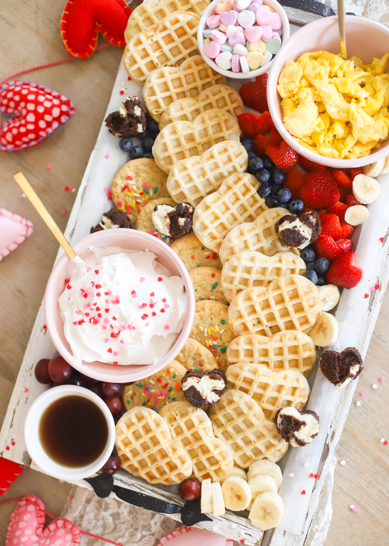 waffles, fruits, and egg V-day Brunch Charcuterie Snack Dessert Board for Valentine's Day Breakfast Bar with waffles 