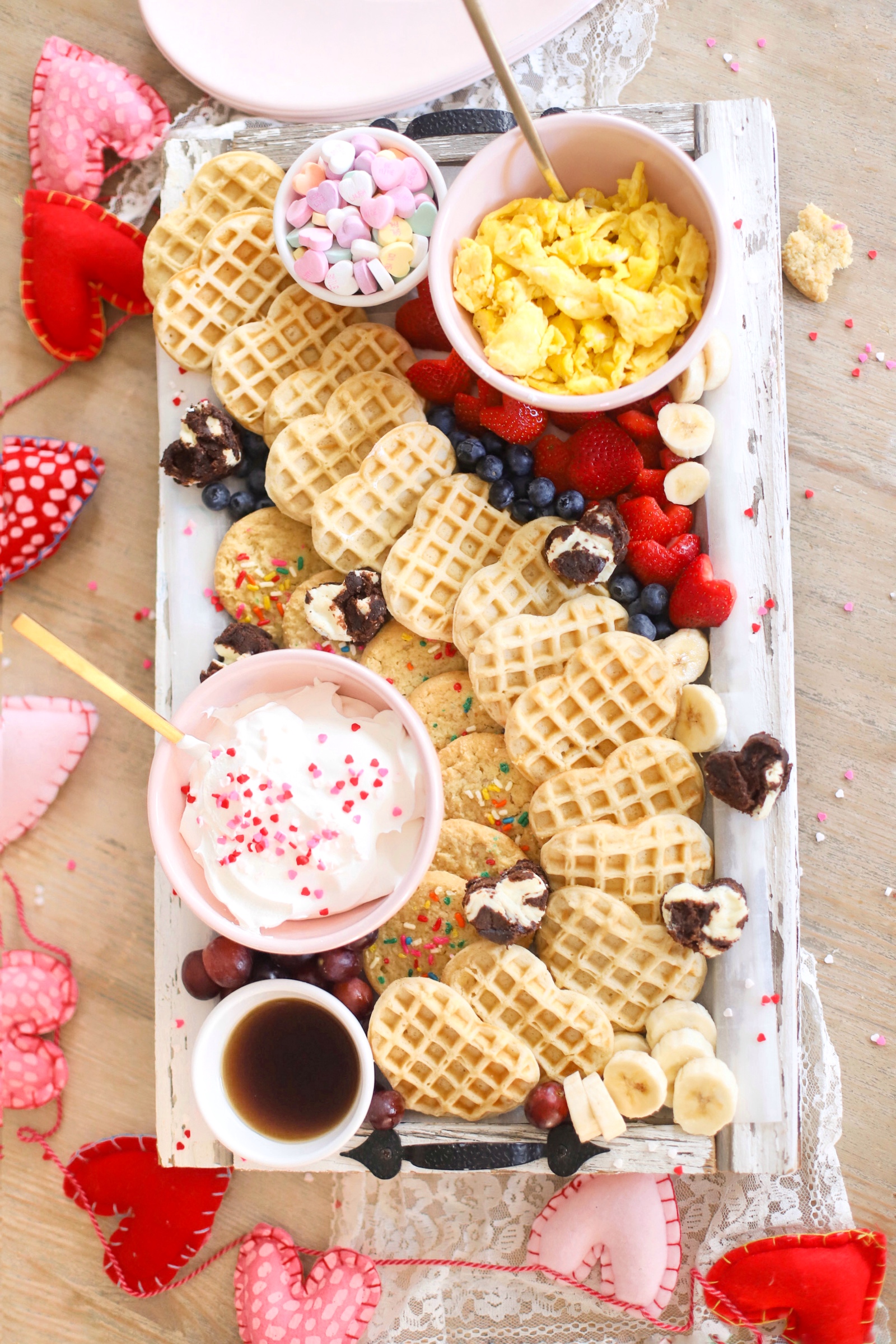 top view of V-day Brunch Charcuterie Snack Dessert Board for Valentine's Day Breakfast Bar 