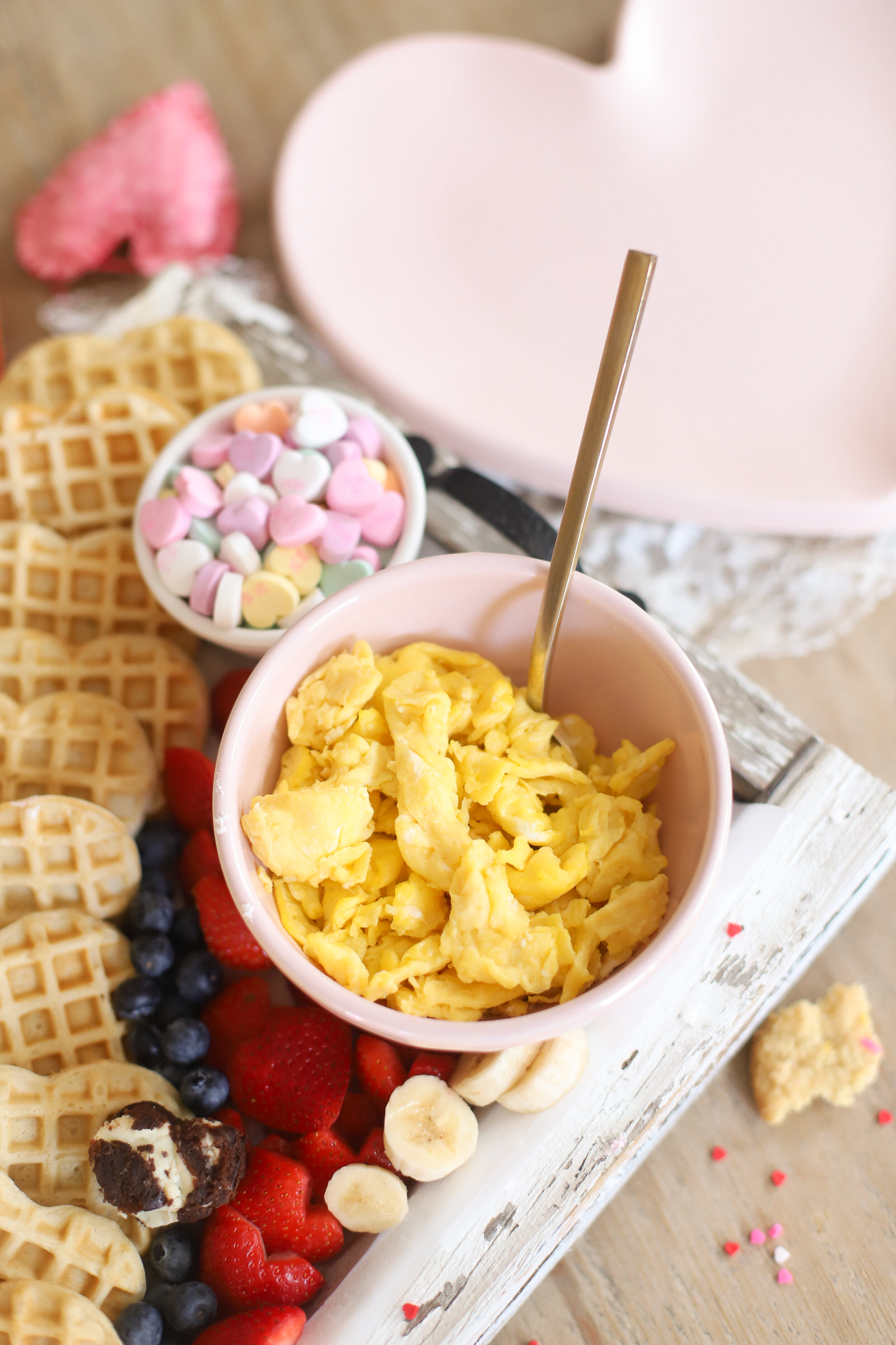 scrambled eggs for  V-day Brunch Charcuterie Valentine's Day Breakfast Bar for kids 