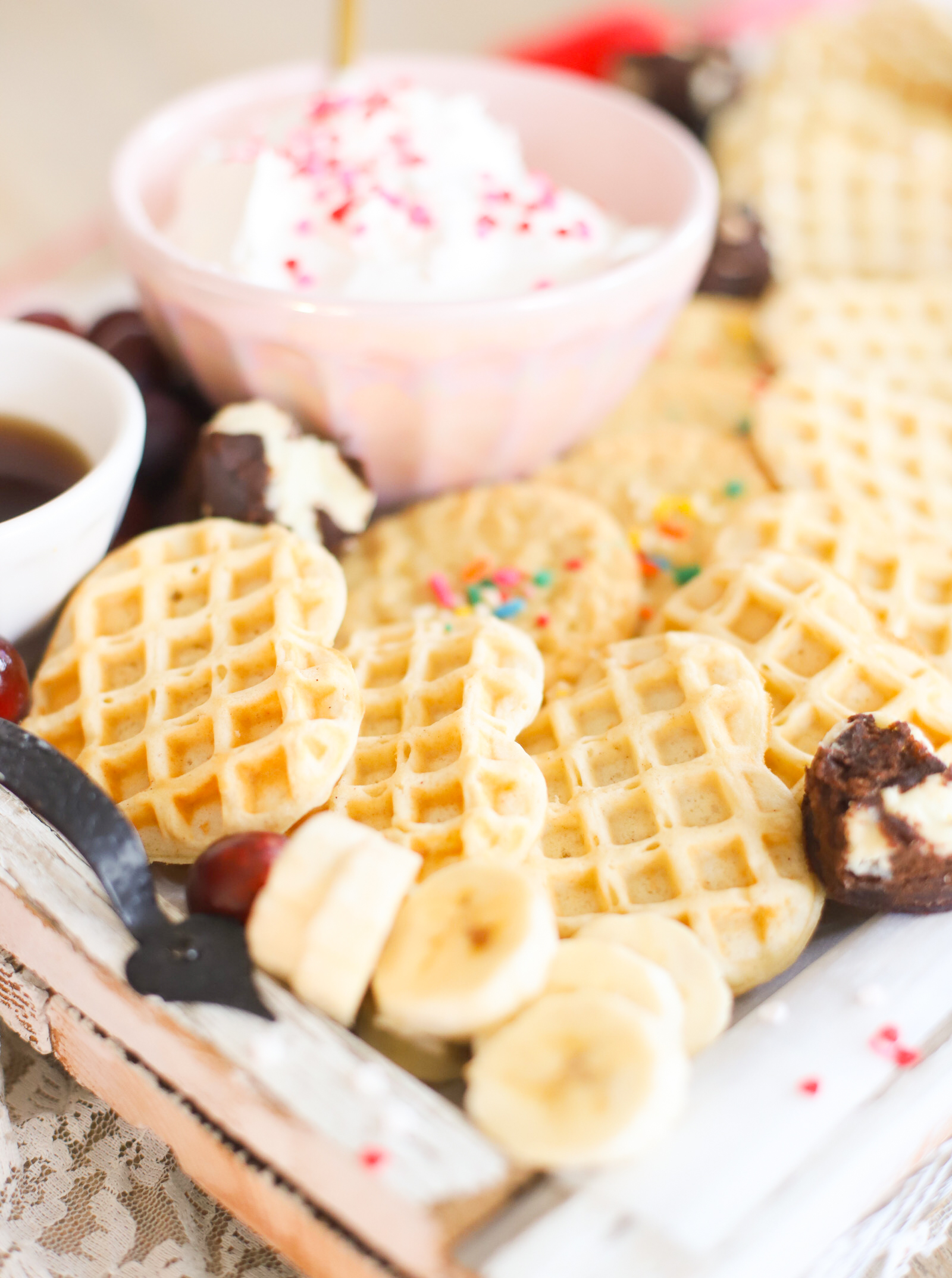 V-day Brunch Charcuterie Snack Dessert Board for Valentine's Day Breakfast Bar with waffles 