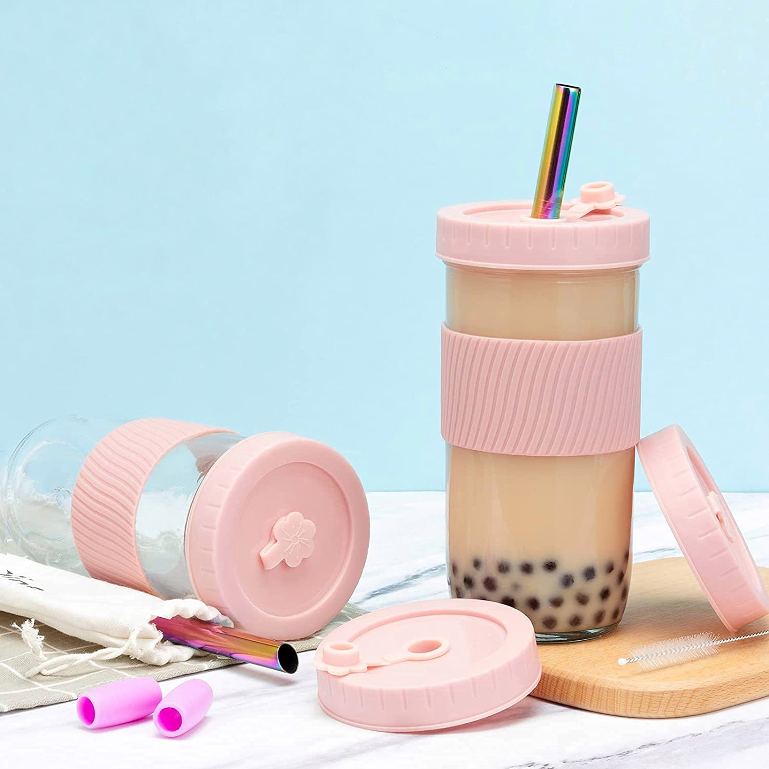 Reusable Boba Cup Bubble Tea Cup 2 Pack, 24Oz Wide Mouth Travel Tumbler Cups with Lid, Silicone Sleeve & Angled Wide Straws for Weekly finds