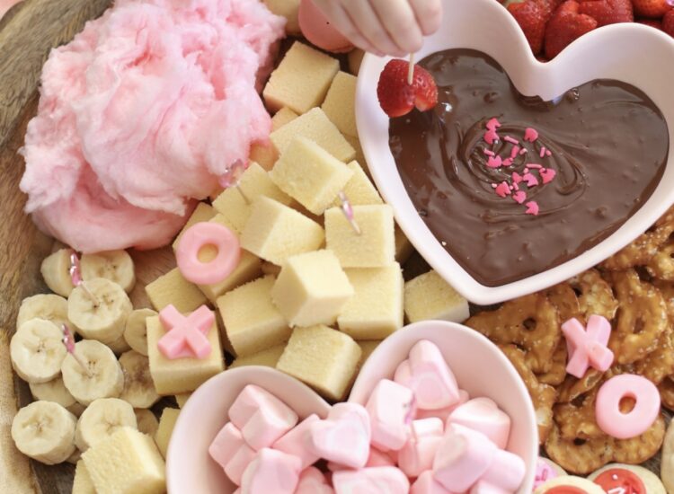 Valentine’s Day Fondue Dessert Board - Sweet Charcuterie Chocolate Platter - GLITTERINC.COM