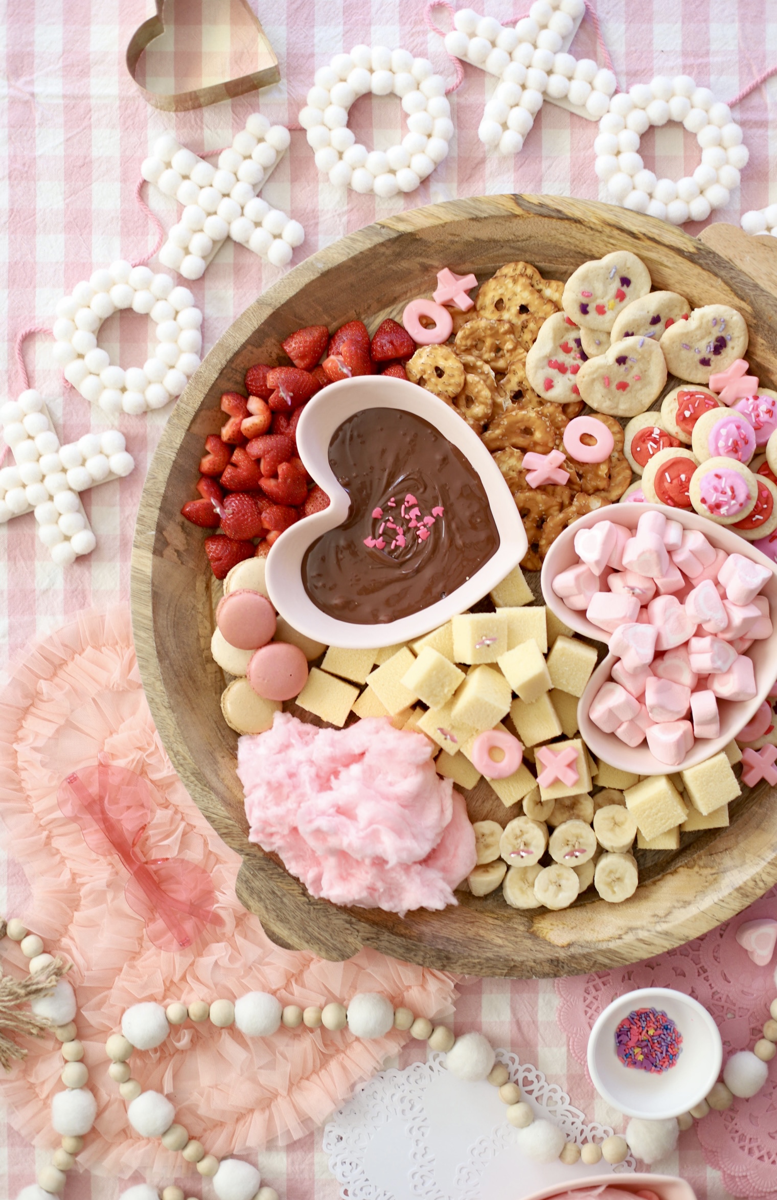 Valentine’s Day Fondue Dessert Board - Sweet Charcuterie Chocolate Platter - GLITTERINC.COM