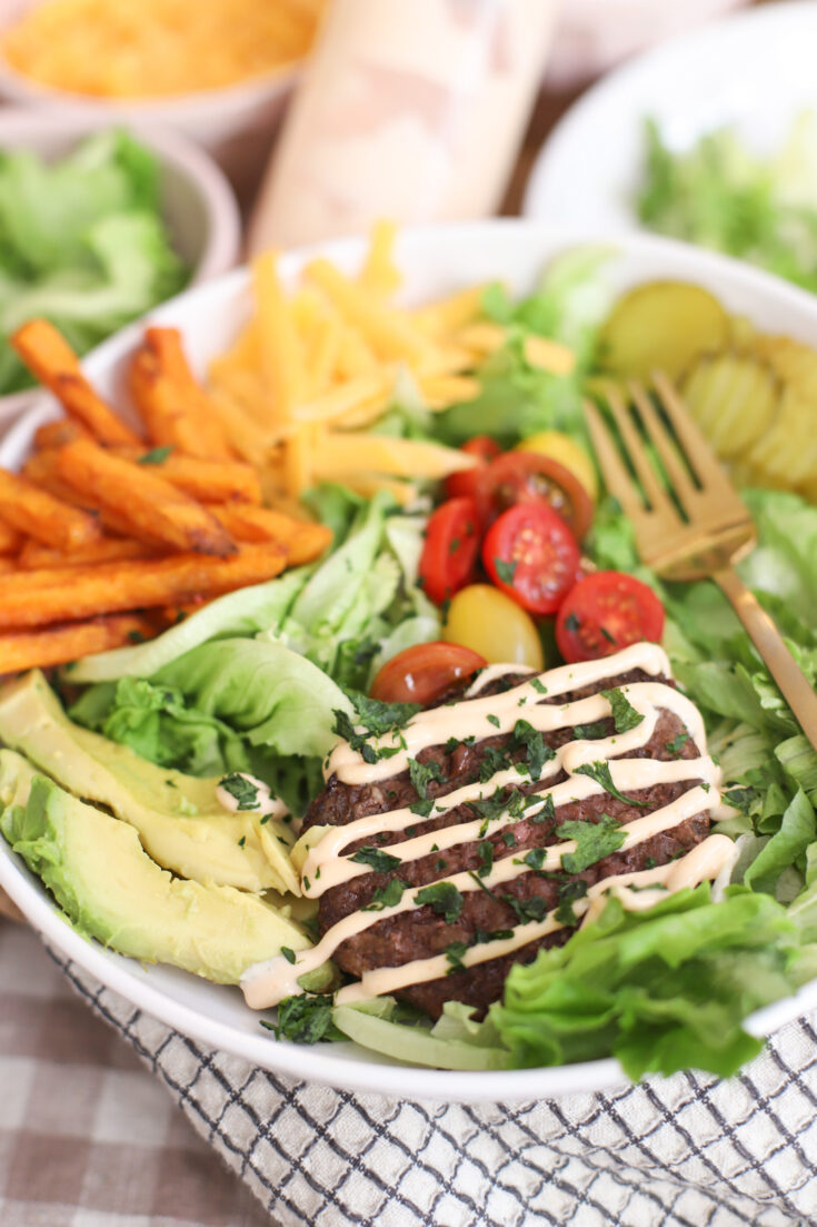 Easy Loaded Burger Bowls - Burger Bar - Cheeseburger Salad Bowls with the Best Sauce - Recipe - GLITTERINC.COM