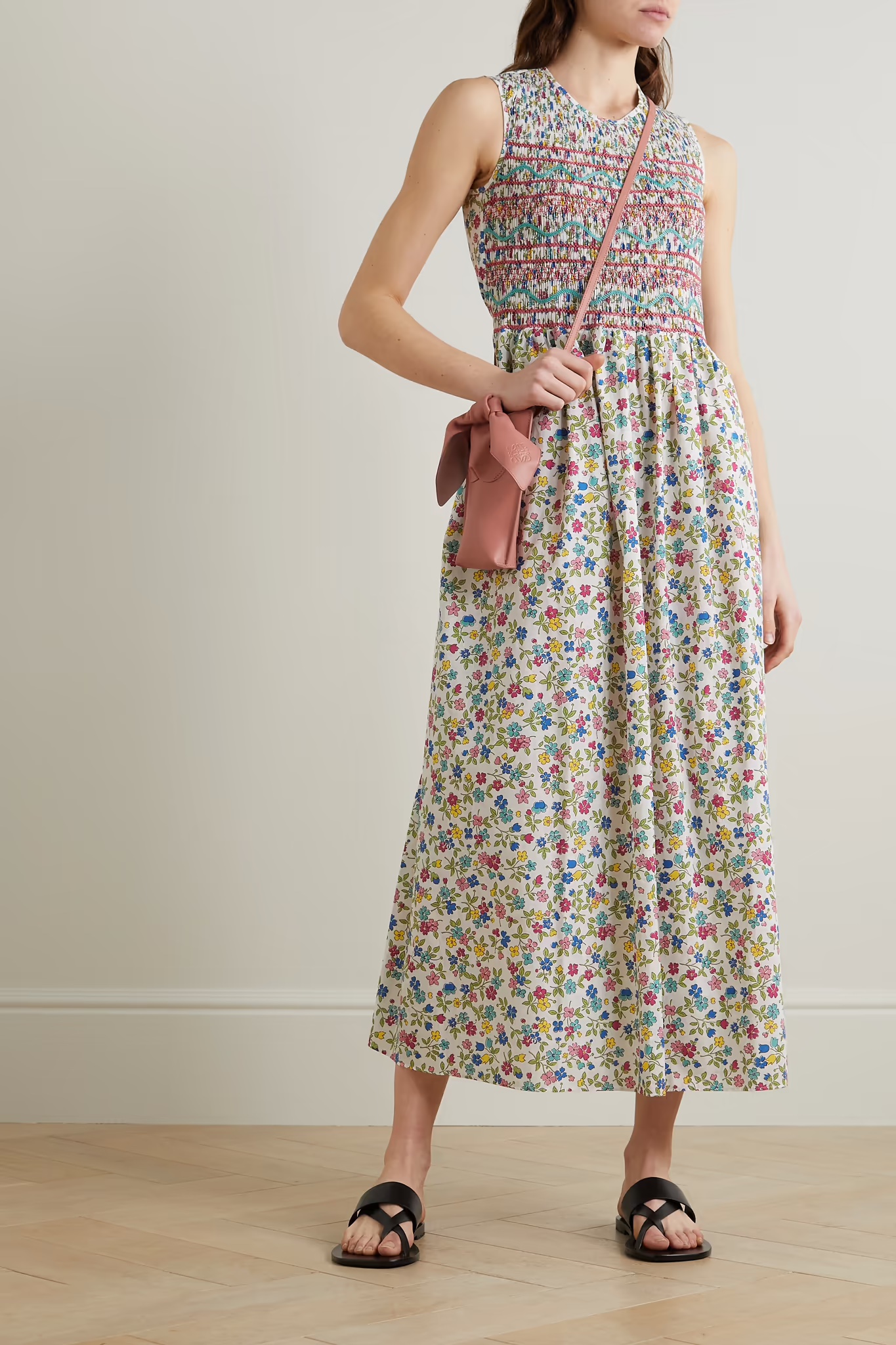 LORETTA CAPONI + NET SUSTAIN Gioia Smocked Floral-Print Poplin Midi Dress