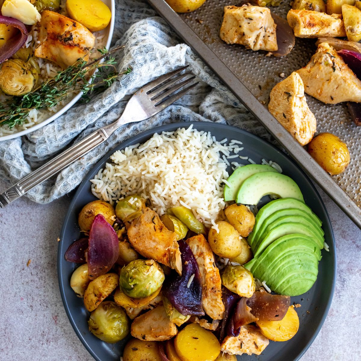 Sheet Pan Chicken and Veggies Served with Rice - Weeknight Dinner Recipe Idea