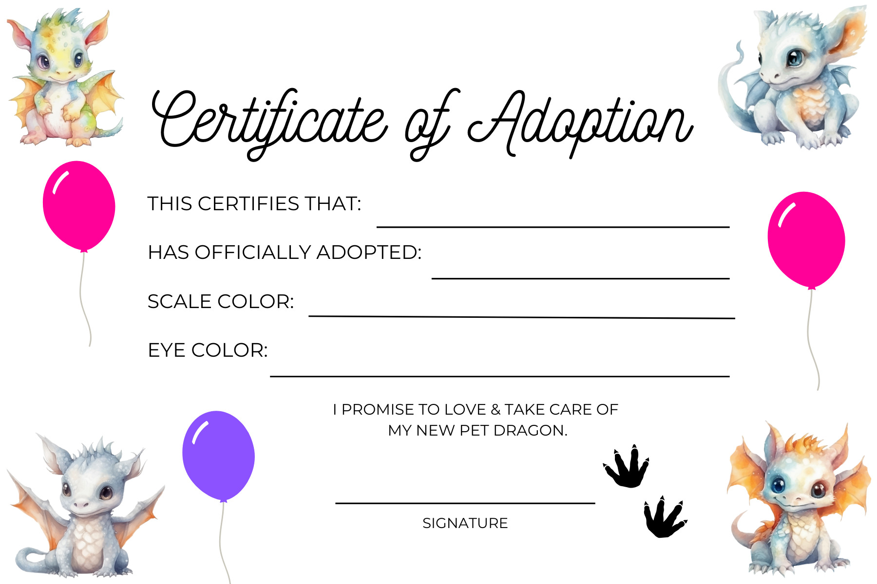 Adopt-A-Dragon - Dragon Adoption Certificate - Wings of Fire Birthday Party Favor - GLITTERINC.COM